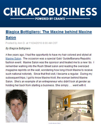 Maxine Salon's Owner Maxine Kroll featured in Crains Chicago Business November 24th, 2010